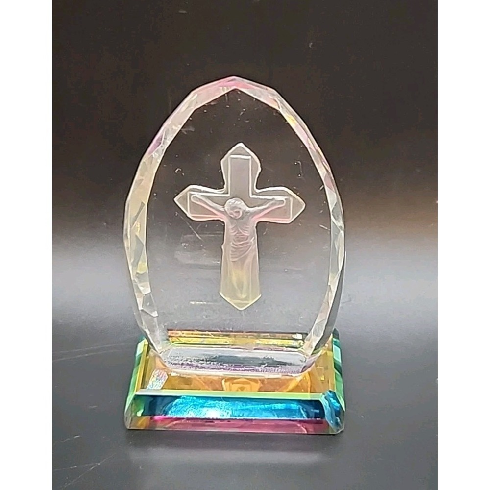 3.25" X 2" Arched Laser Etched Crystal Crucifex/Cross Figurine Religious Worship